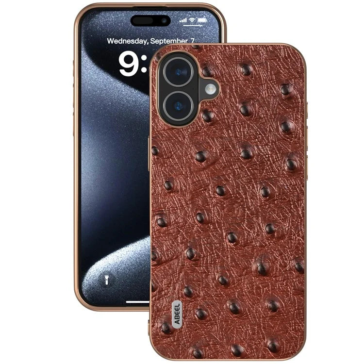 ABEEL For iPhone 16 Plus Case Electroplating Edge Ostrich Texture Genuine Cow Leather Back Cover