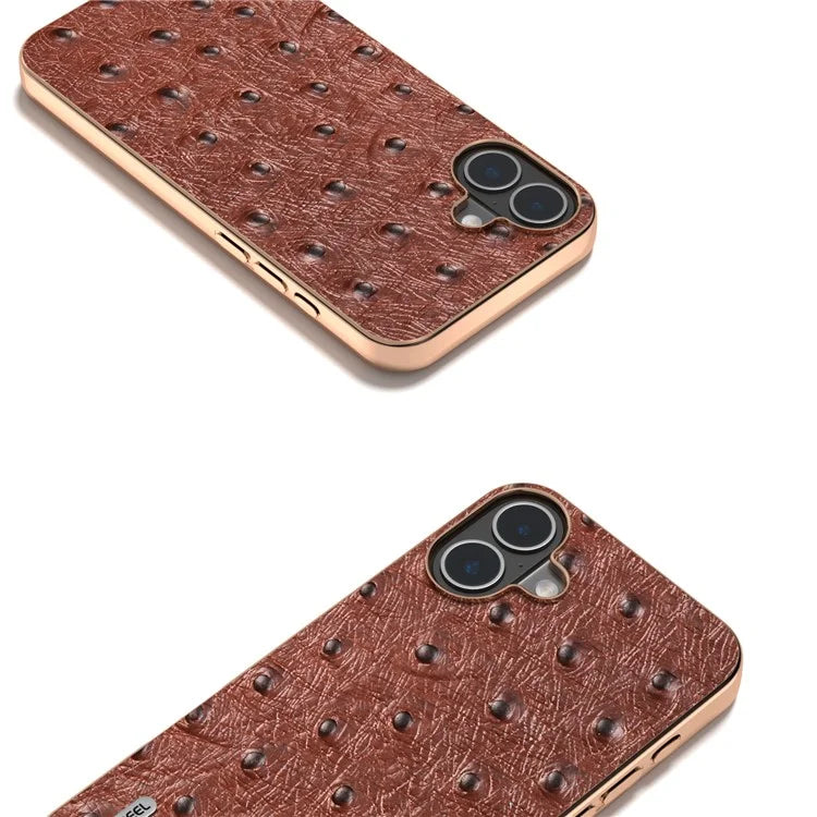 ABEEL For iPhone 16 Plus Case Electroplating Edge Ostrich Texture Genuine Cow Leather Back Cover