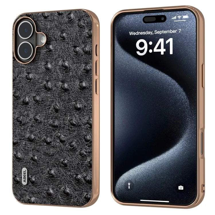 ABEEL For iPhone 16 Plus Case Electroplating Edge Ostrich Texture Genuine Cow Leather Back Cover
