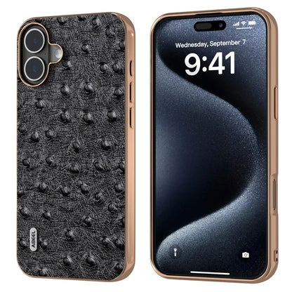 ABEEL For iPhone 16 Plus Case Electroplating Edge Ostrich Texture Genuine Cow Leather Back Cover