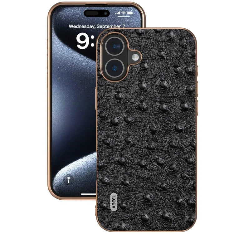 ABEEL For iPhone 16 Plus Case Electroplating Edge Ostrich Texture Genuine Cow Leather Back Cover