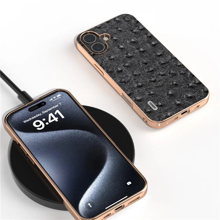 ABEEL For iPhone 16 Plus Case Electroplating Edge Ostrich Texture Genuine Cow Leather Back Cover