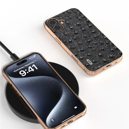 ABEEL For iPhone 16 Plus Case Electroplating Edge Ostrich Texture Genuine Cow Leather Back Cover