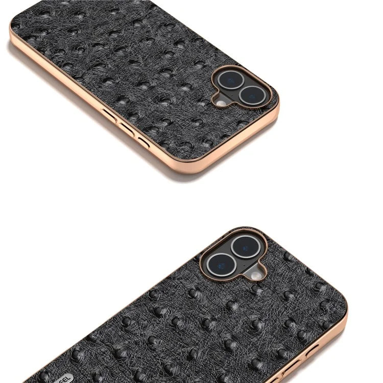 ABEEL For iPhone 16 Plus Case Electroplating Edge Ostrich Texture Genuine Cow Leather Back Cover