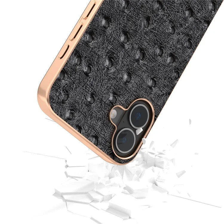ABEEL For iPhone 16 Plus Case Electroplating Edge Ostrich Texture Genuine Cow Leather Back Cover