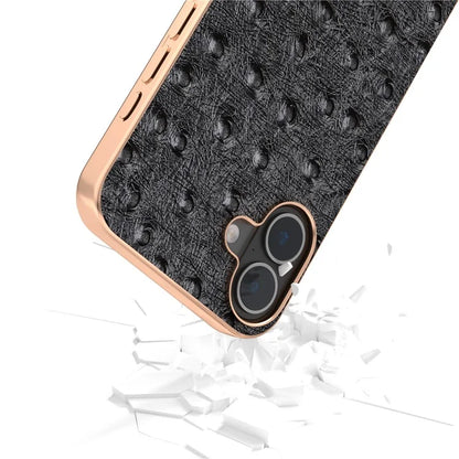 ABEEL For iPhone 16 Plus Case Electroplating Edge Ostrich Texture Genuine Cow Leather Back Cover