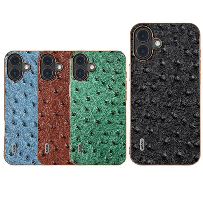 ABEEL For iPhone 16 Plus Case Electroplating Edge Ostrich Texture Genuine Cow Leather Back Cover