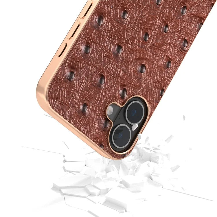 ABEEL For iPhone 16 Case Electroplating Edge Ostrich Texture Genuine Cow Leather Back Cover