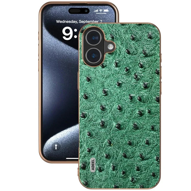 ABEEL For iPhone 16 Case Electroplating Edge Ostrich Texture Genuine Cow Leather Back Cover