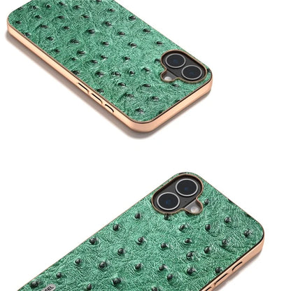 ABEEL For iPhone 16 Case Electroplating Edge Ostrich Texture Genuine Cow Leather Back Cover