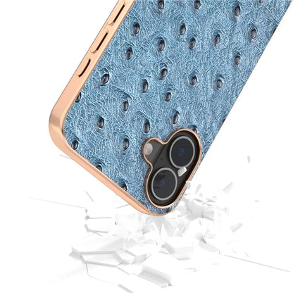 ABEEL For iPhone 16 Case Electroplating Edge Ostrich Texture Genuine Cow Leather Back Cover