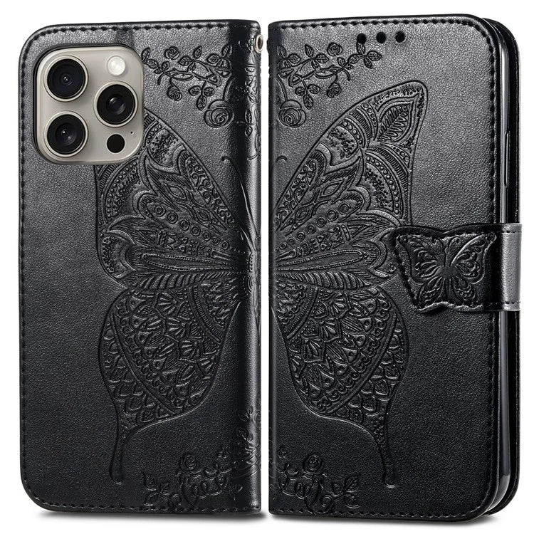 For iPhone 16 Pro Max Case PU Leather Wallet Phone Cover Butterfly Pattern