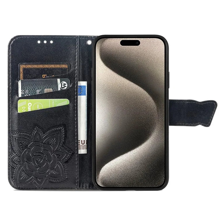 For iPhone 16 Pro Max Case PU Leather Wallet Phone Cover Butterfly Pattern
