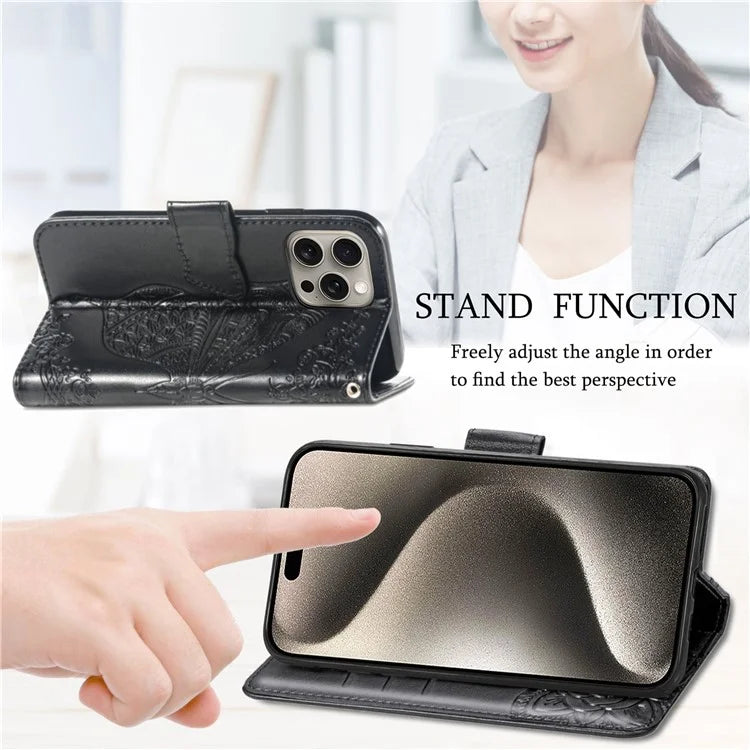 For iPhone 16 Pro Max Case PU Leather Wallet Phone Cover Butterfly Pattern