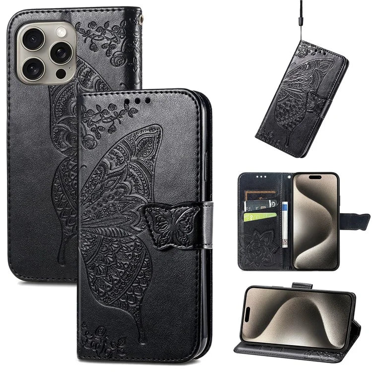 For iPhone 16 Pro Max Case PU Leather Wallet Phone Cover Butterfly Pattern