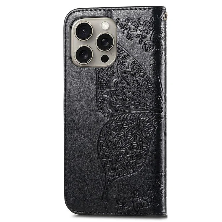 For iPhone 16 Pro Max Case PU Leather Wallet Phone Cover Butterfly Pattern