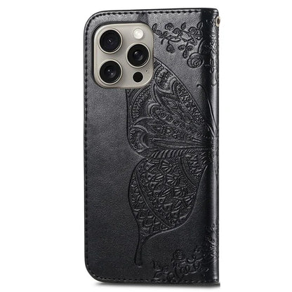 For iPhone 16 Pro Max Case PU Leather Wallet Phone Cover Butterfly Pattern