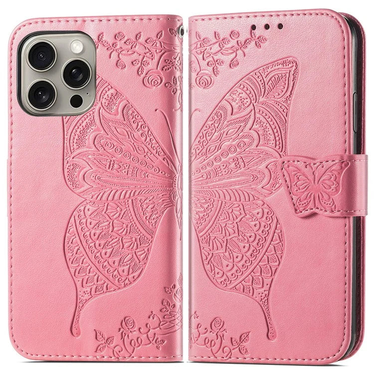 For iPhone 16 Pro Max Case PU Leather Wallet Phone Cover Butterfly Pattern