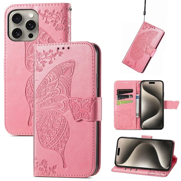 For iPhone 16 Pro Max Case PU Leather Wallet Phone Cover Butterfly Pattern