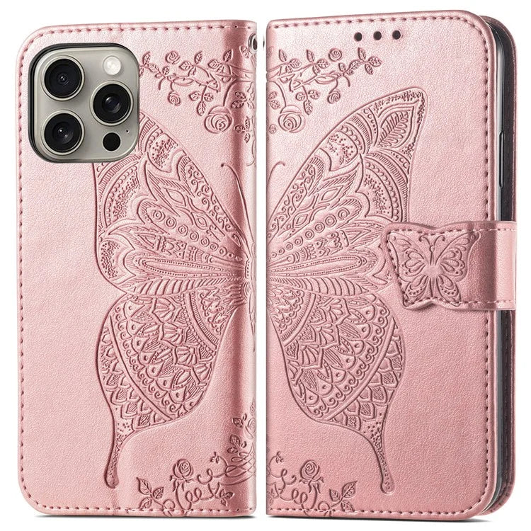For iPhone 16 Pro Max Case PU Leather Wallet Phone Cover Butterfly Pattern