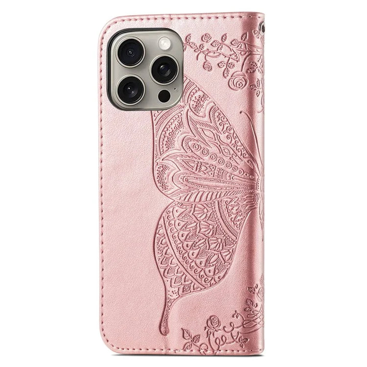 For iPhone 16 Pro Max Case PU Leather Wallet Phone Cover Butterfly Pattern