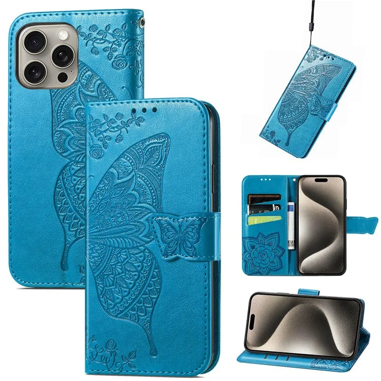 For iPhone 16 Pro Max Case PU Leather Wallet Phone Cover Butterfly Pattern