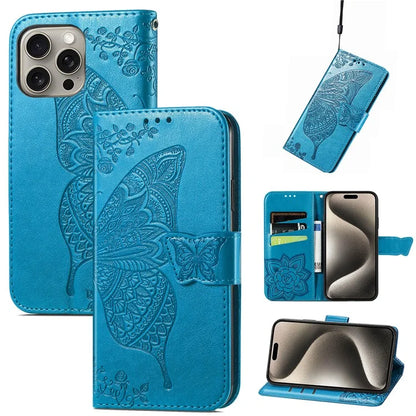 For iPhone 16 Pro Max Case PU Leather Wallet Phone Cover Butterfly Pattern
