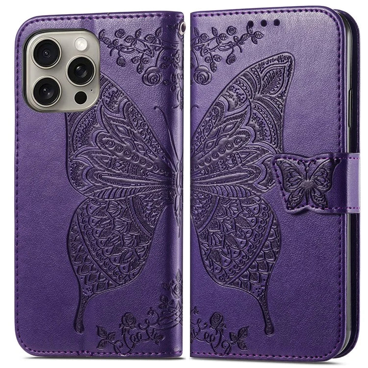 For iPhone 16 Pro Max Case PU Leather Wallet Phone Cover Butterfly Pattern
