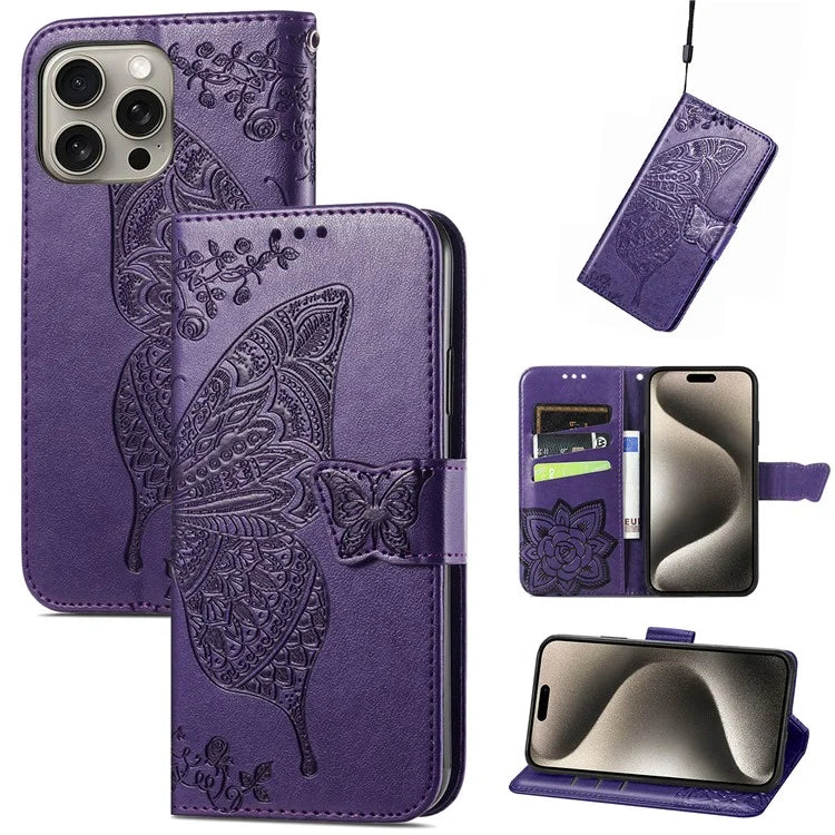 For iPhone 16 Pro Max Case PU Leather Wallet Phone Cover Butterfly Pattern