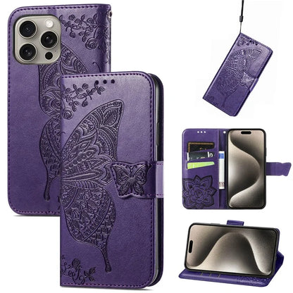 For iPhone 16 Pro Max Case PU Leather Wallet Phone Cover Butterfly Pattern