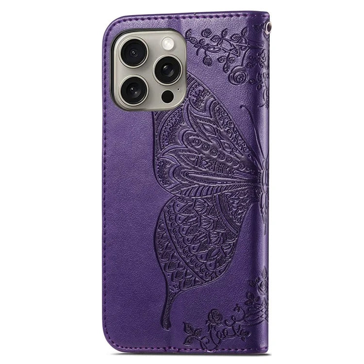 For iPhone 16 Pro Max Case PU Leather Wallet Phone Cover Butterfly Pattern