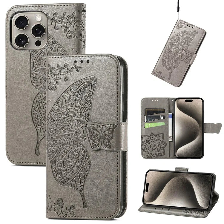 For iPhone 16 Pro Max Case PU Leather Wallet Phone Cover Butterfly Pattern
