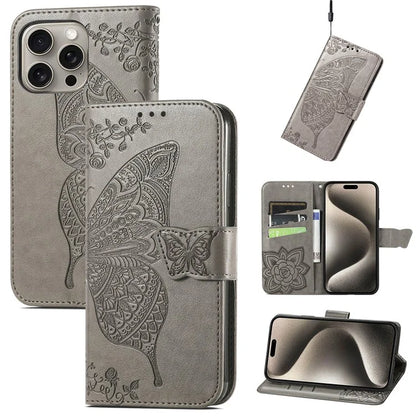 For iPhone 16 Pro Max Case PU Leather Wallet Phone Cover Butterfly Pattern