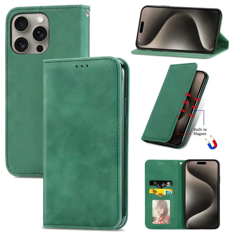 For iPhone 16 Pro Max Case Skin Touch Feeling Leather Wallet Phone Cover Magnetic Absorption
