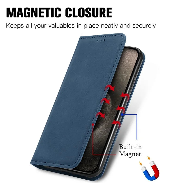 For iPhone 16 Pro Max Case Skin Touch Feeling Leather Wallet Phone Cover Magnetic Absorption