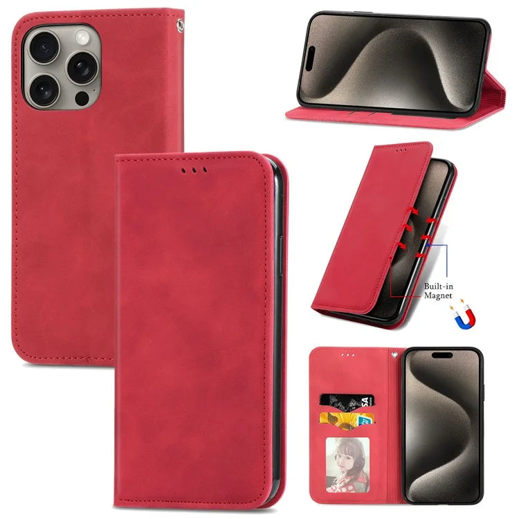 For iPhone 16 Pro Max Case Skin Touch Feeling Leather Wallet Phone Cover Magnetic Absorption