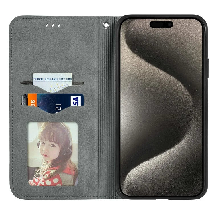 For iPhone 16 Pro Max Case Skin Touch Feeling Leather Wallet Phone Cover Magnetic Absorption