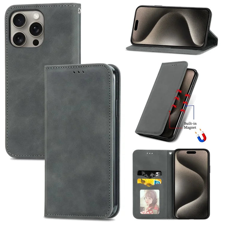 For iPhone 16 Pro Max Case Skin Touch Feeling Leather Wallet Phone Cover Magnetic Absorption