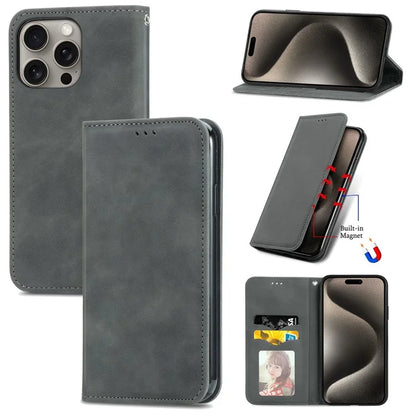 For iPhone 16 Pro Max Case Skin Touch Feeling Leather Wallet Phone Cover Magnetic Absorption