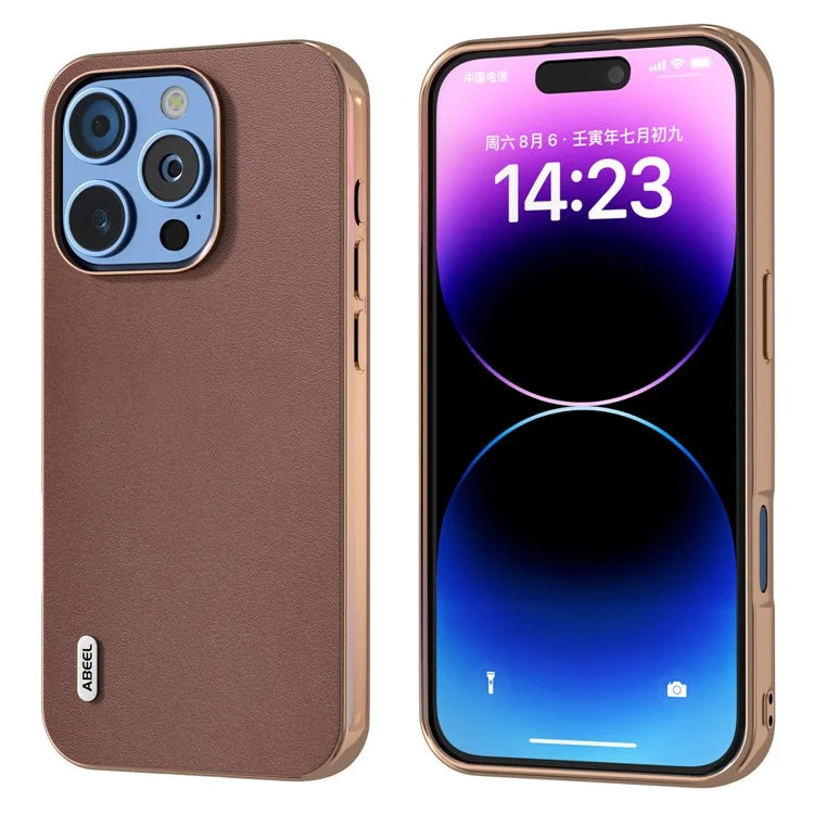 ABEEL For iPhone 16 Pro Max Case Electroplating Edge Genuine Cow Leather+PC+TPU Phone Cover