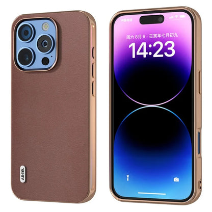 ABEEL For iPhone 16 Pro Max Case Electroplating Edge Genuine Cow Leather+PC+TPU Phone Cover