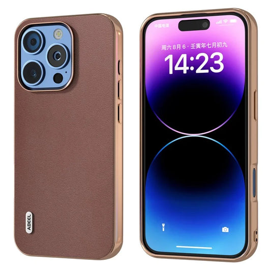 ABEEL For iPhone 16 Pro Max Case Electroplating Edge Genuine Cow Leather+PC+TPU Phone Cover