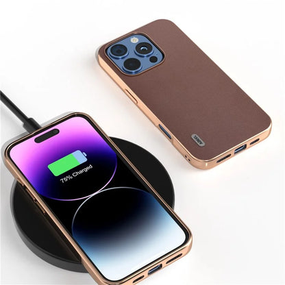 ABEEL For iPhone 16 Pro Max Case Electroplating Edge Genuine Cow Leather+PC+TPU Phone Cover