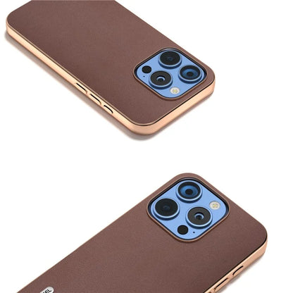 ABEEL For iPhone 16 Pro Max Case Electroplating Edge Genuine Cow Leather+PC+TPU Phone Cover