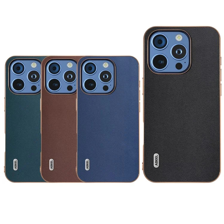 ABEEL For iPhone 16 Pro Max Case Electroplating Edge Genuine Cow Leather+PC+TPU Phone Cover
