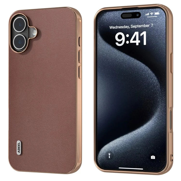 ABEEL For iPhone 16 Plus Case Electroplating Edge Genuine Cow Leather+PC+TPU Phone Cover