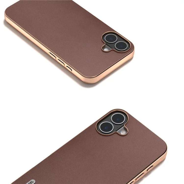 ABEEL For iPhone 16 Plus Case Electroplating Edge Genuine Cow Leather+PC+TPU Phone Cover
