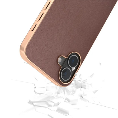 ABEEL For iPhone 16 Plus Case Electroplating Edge Genuine Cow Leather+PC+TPU Phone Cover