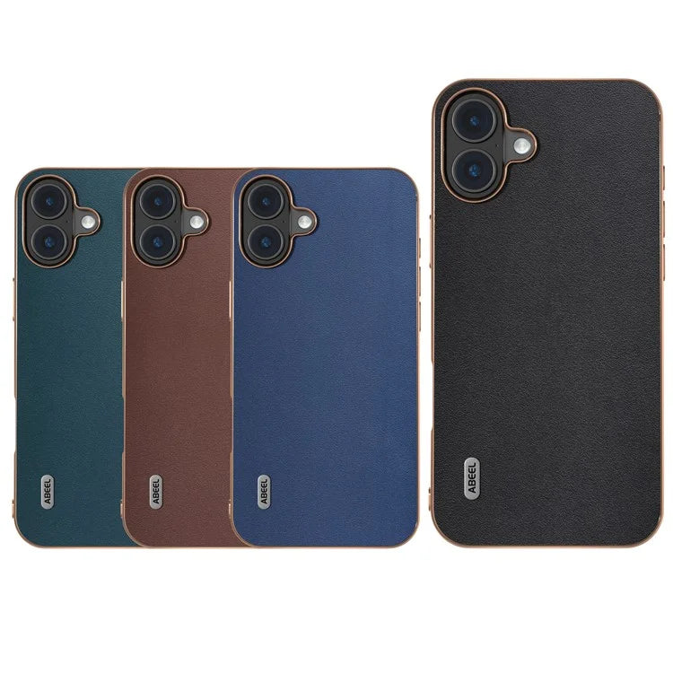 ABEEL For iPhone 16 Plus Case Electroplating Edge Genuine Cow Leather+PC+TPU Phone Cover