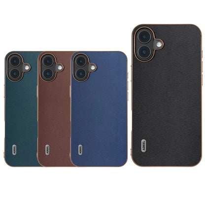 ABEEL For iPhone 16 Plus Case Electroplating Edge Genuine Cow Leather+PC+TPU Phone Cover